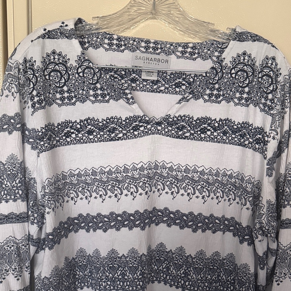 Sag Harbor Navy & White Lace-Print Stretch Top